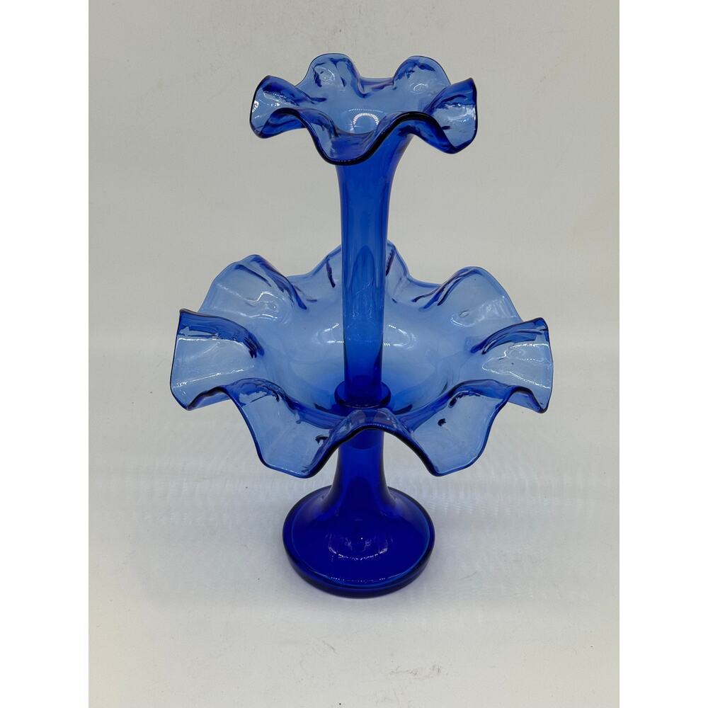 Cobalt Blue Epergne Ruffled Edges- 14”H x 10”W